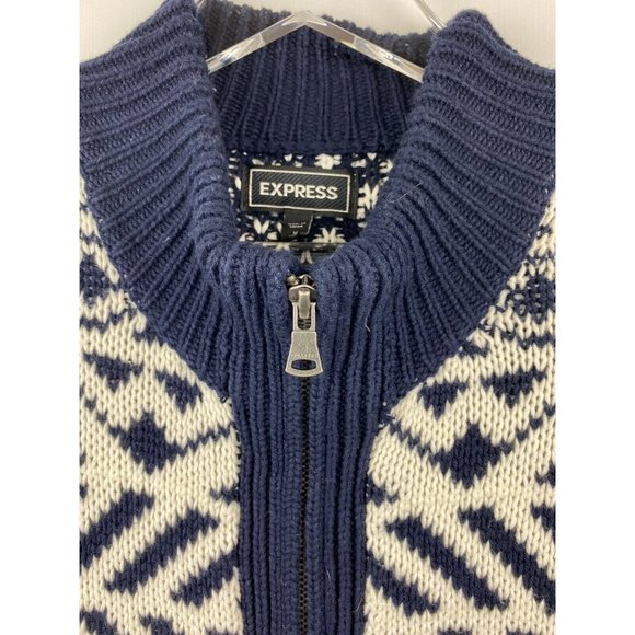 Vintage Express Navy & White Zip Front Chunky Knit Cardigan Sweater Size M - Picture 3 of 8